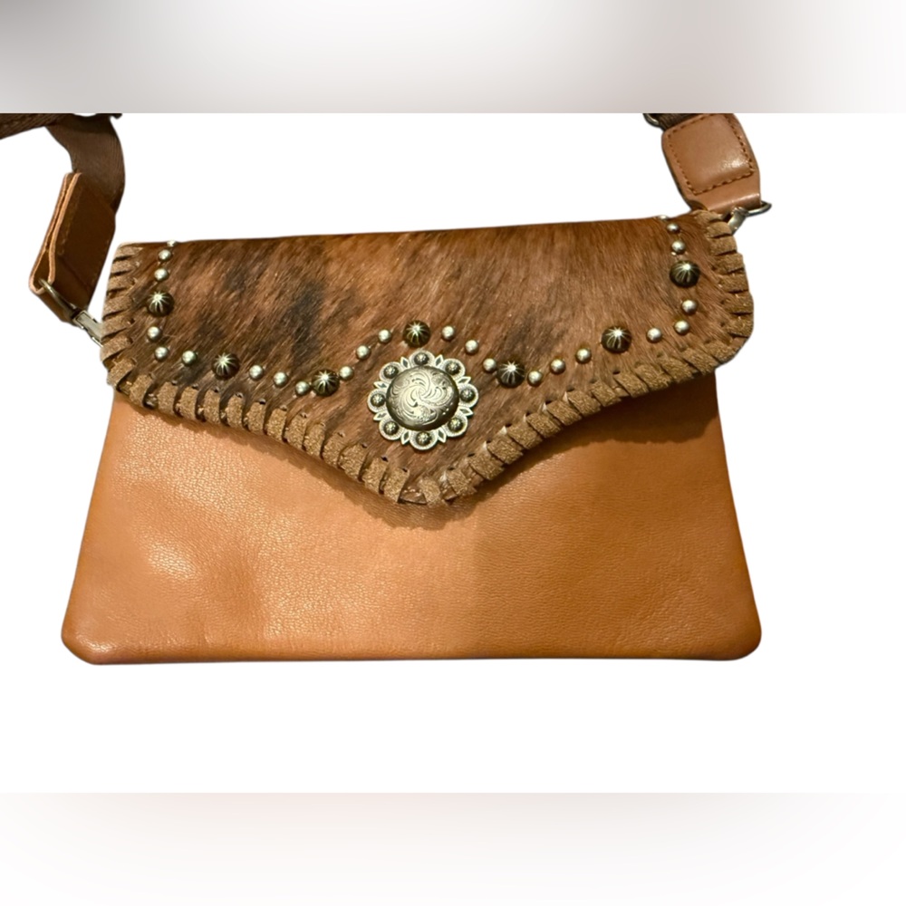 Montana West Genuine Leather adjustable Crossbody hair-on cowhide whipstitch